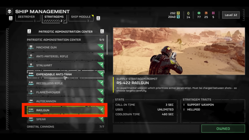 stratagem selection screen with railgun highlighted