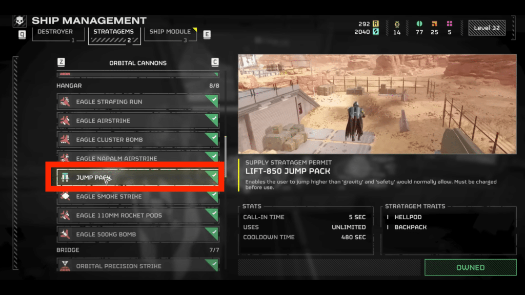 jump pack highlighted in the stratagems selection screen