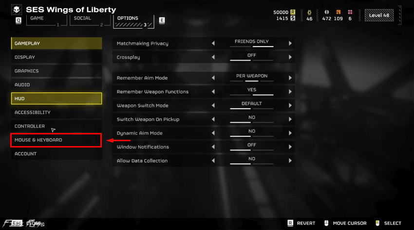 Game options menu