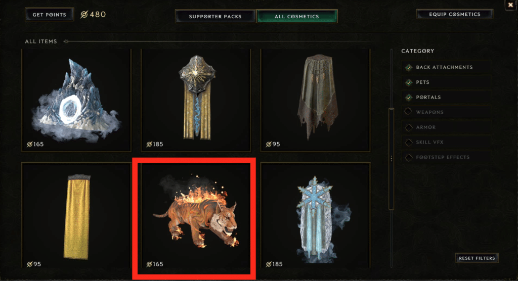 cosmetic shop with cosmetic pet highlighted