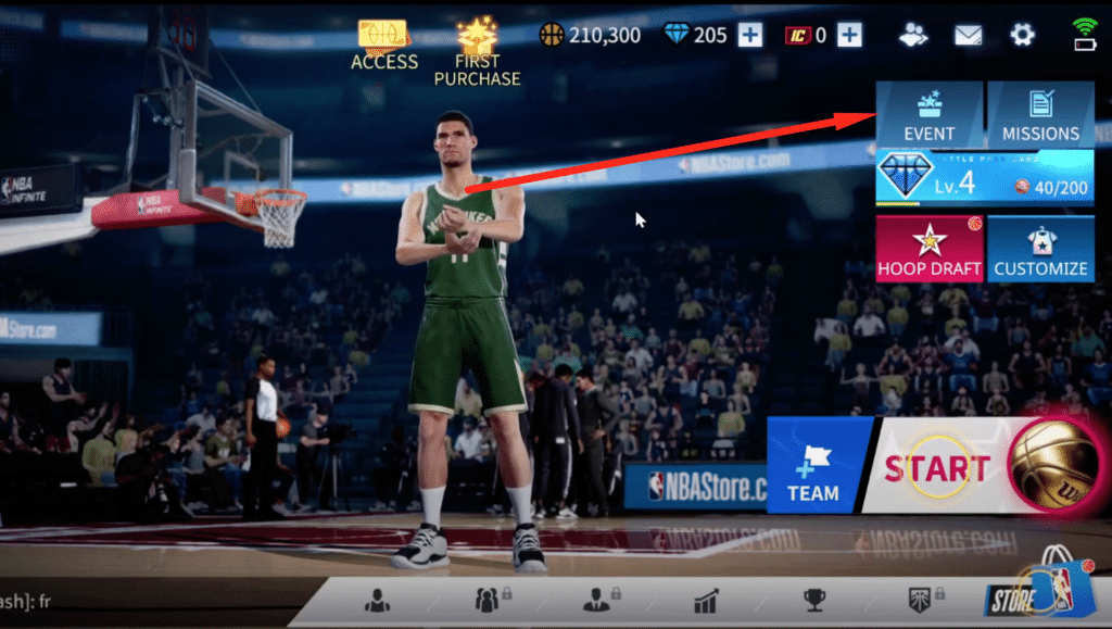 main menu of the game with arrow pointing to event option
