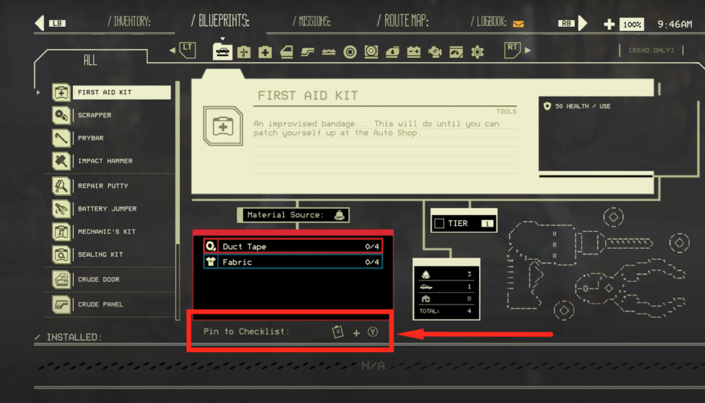 blueprint menu with pin to checklist highlighted