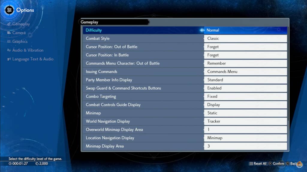 Final Fantasy 7 Rebirth settings