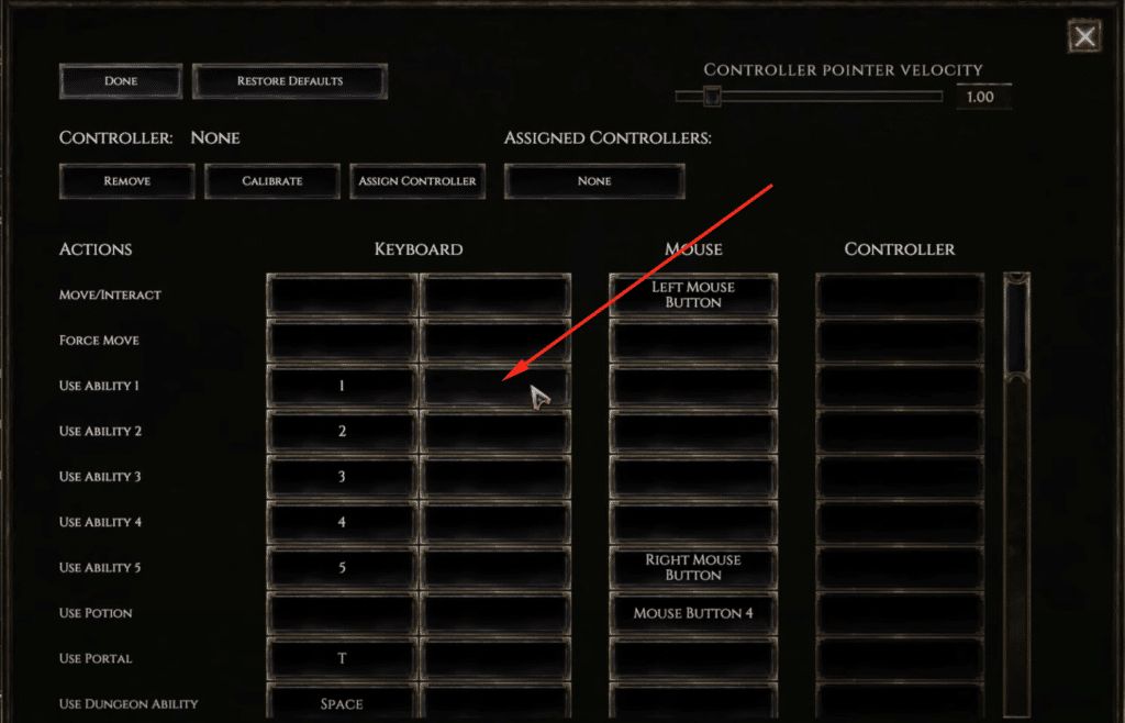Keybinds menu in Last Epoch