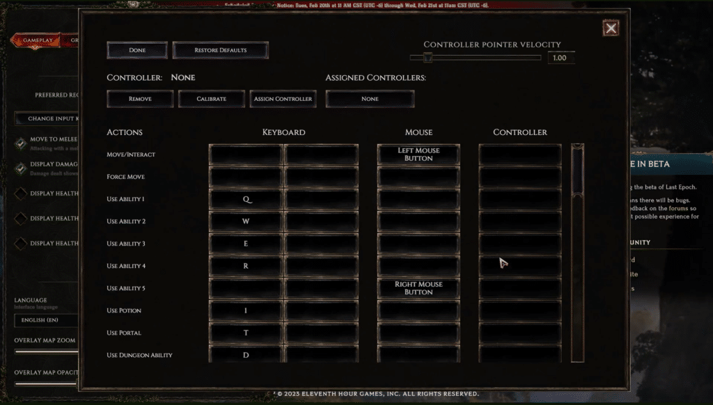Actions and abilities keybinds can be modified in this window.