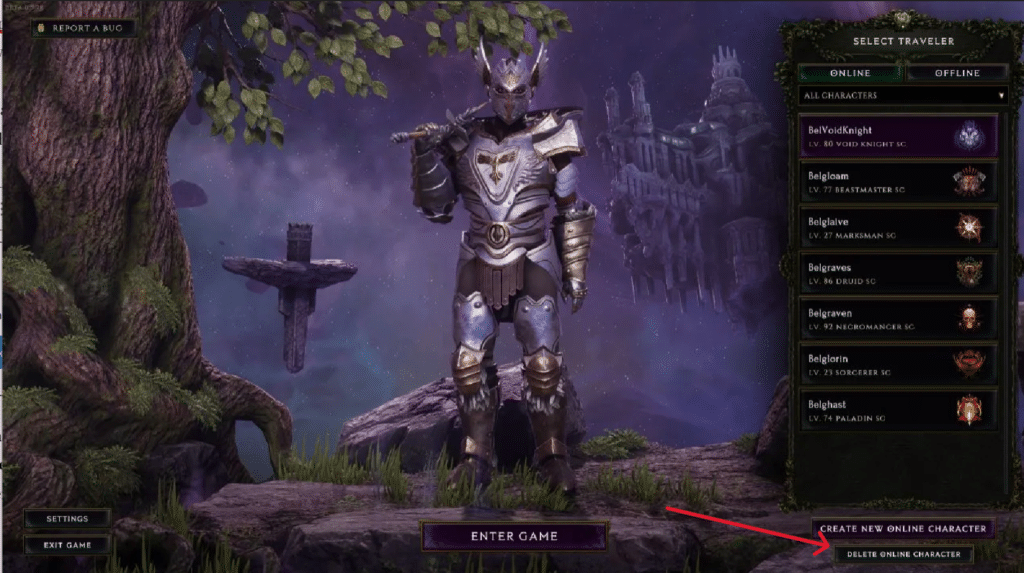 delete character button