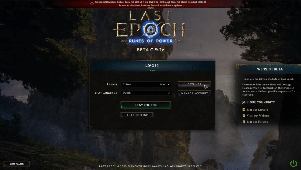 Last Epoch Settings from Login screen