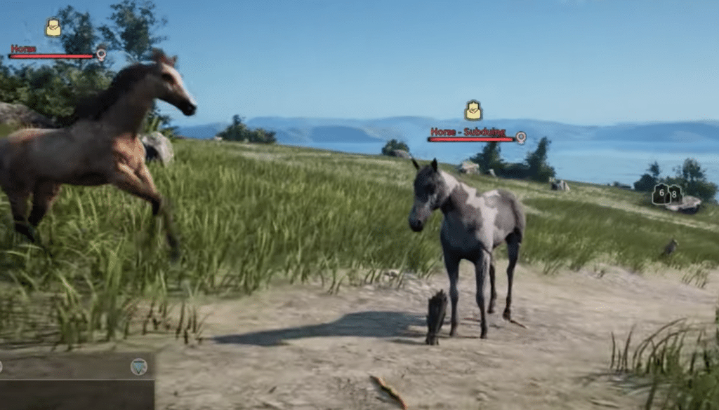 horses coming towards the coarse dry fodder bait