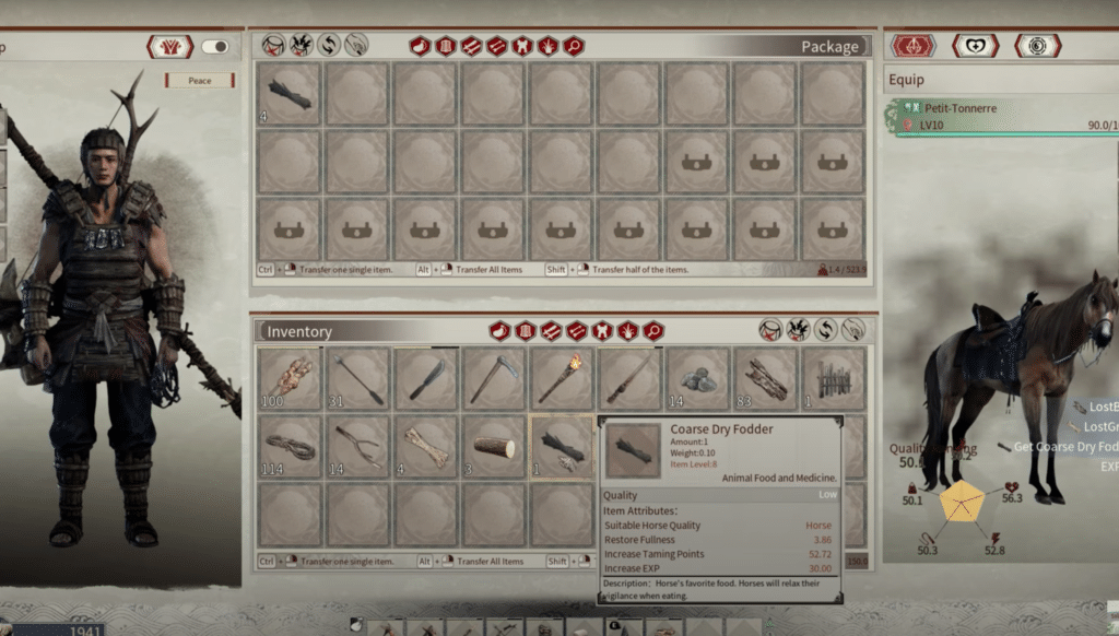 transferring food from your inventory to the horses inventory.
