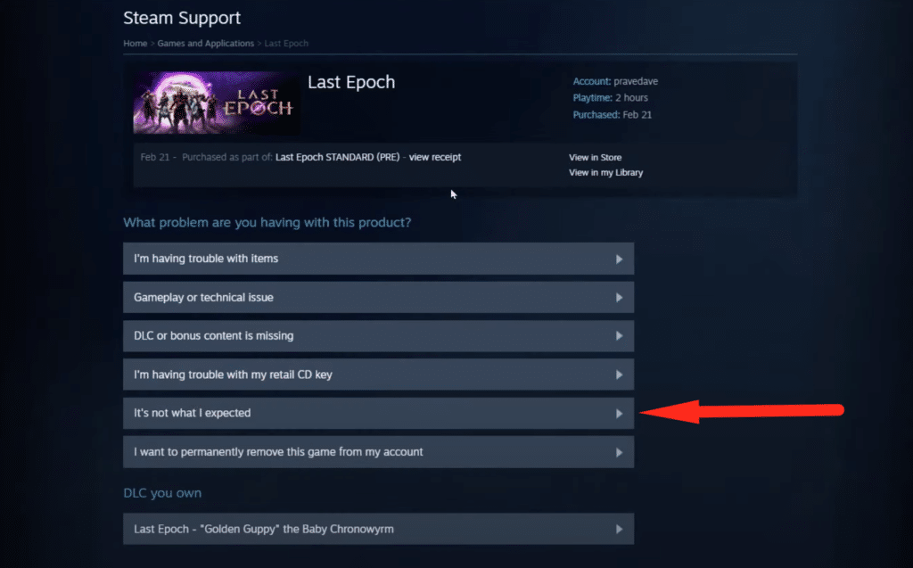 steam support with option highlighted for refunds