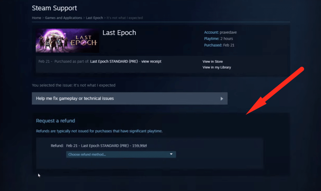 request a refund option