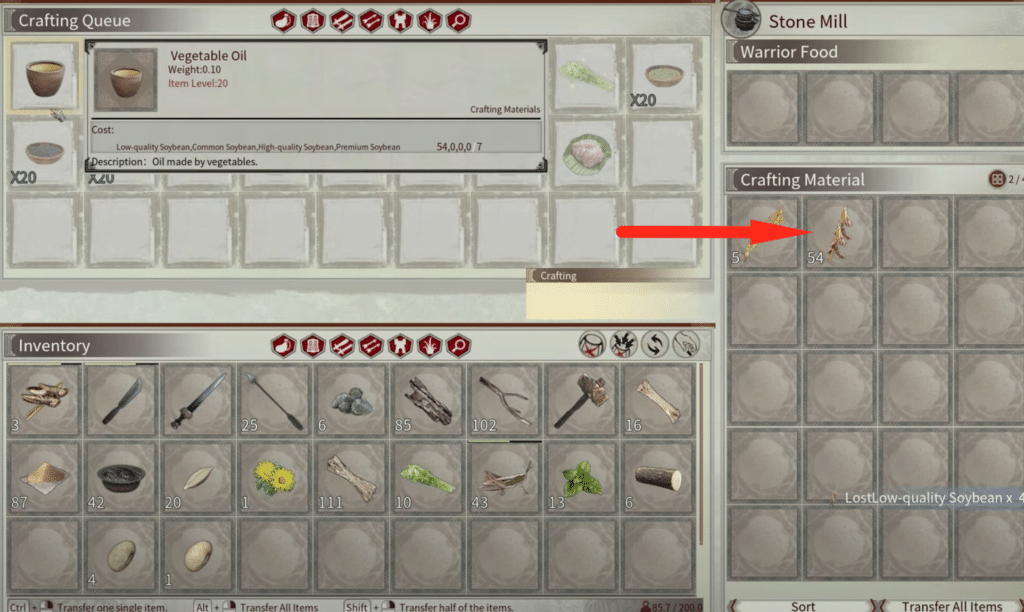 crafting at stone mill by placing soybeans in crafting material area