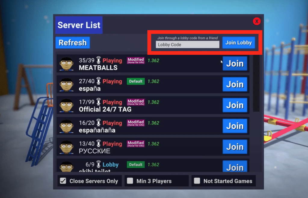 server list of all the servers that you can join Crab Game