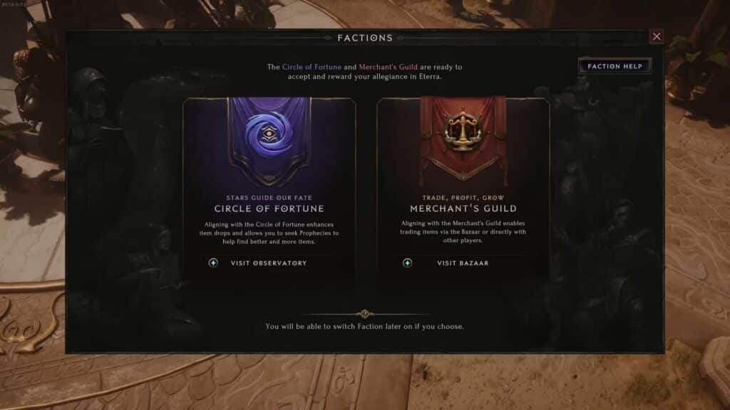 Item Factions selection screen