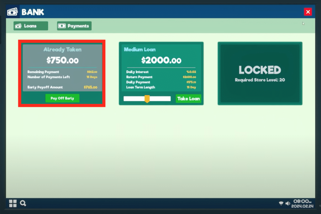 loans in the bank menu