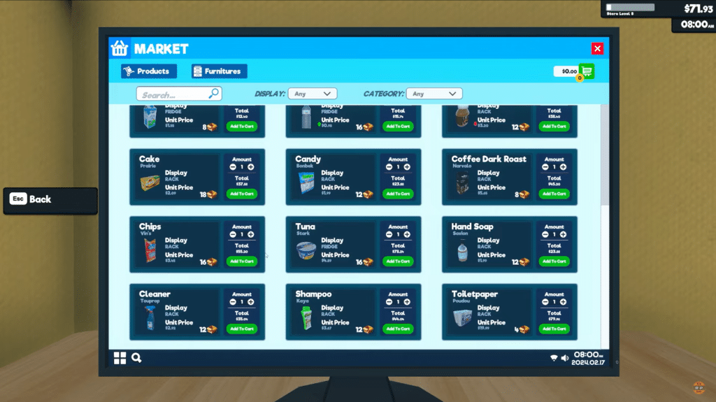 Supermarket Simulator view of catalog