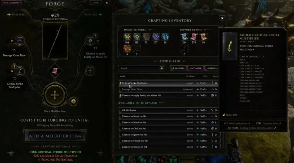 Crafting interface in Last Epoch
