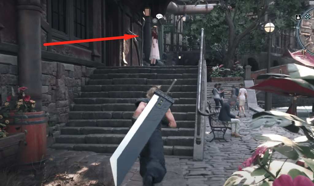 aerith in front of the bookstore