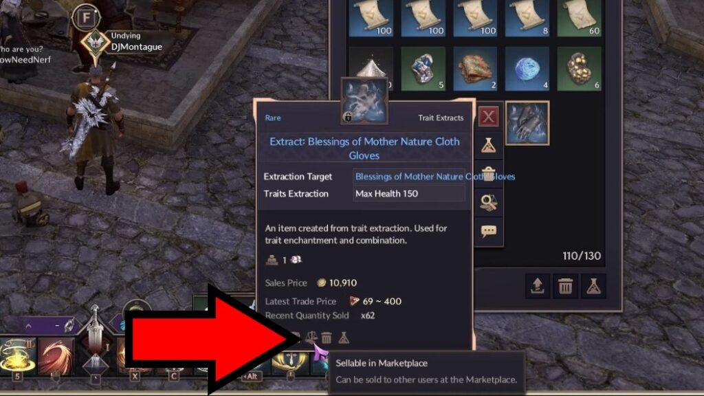 The unmarketable item from before, now turned into a sellable Extract