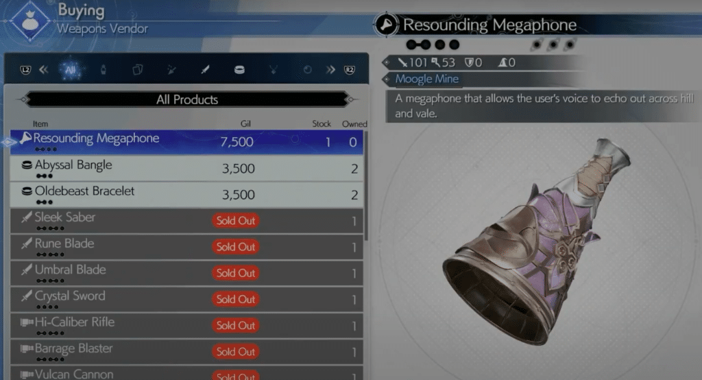resounding megaphone available for purchase at a weapons vendor