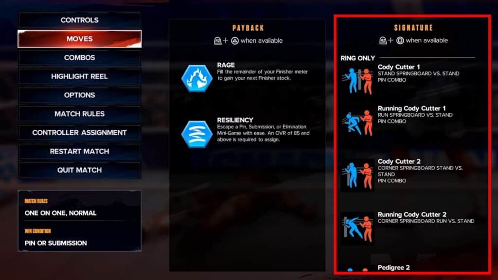 Signature Moves on the pause screen