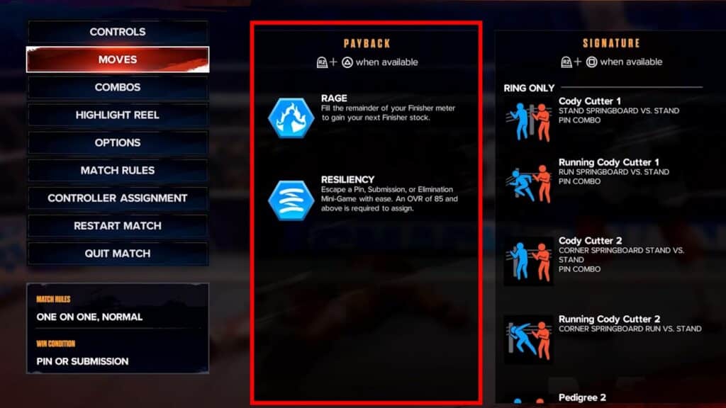 Payback Moves on the pause screen