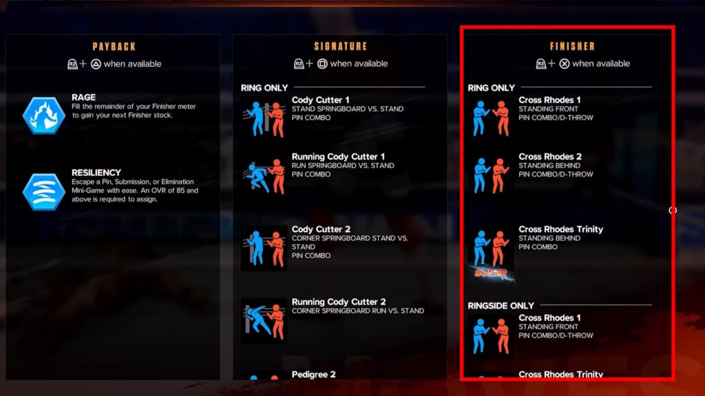 Finisher Moves on the pause screen