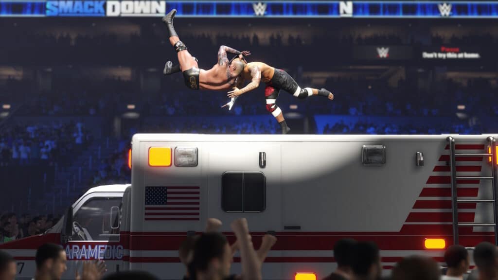 Promo screenshot of two wrestlers grappling