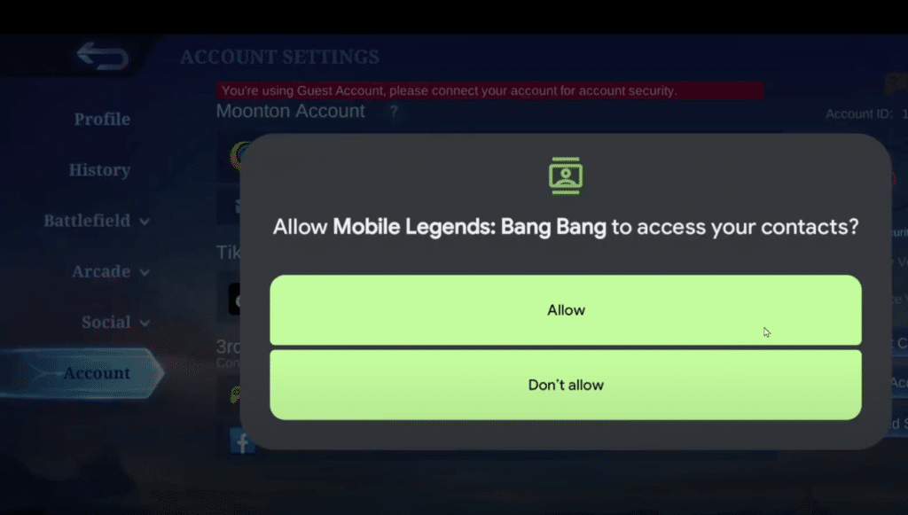 allow mobile legends to access your contacts