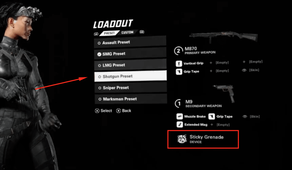 The shotgun preset loadout that comes with the sticky grenade equipped as the device.