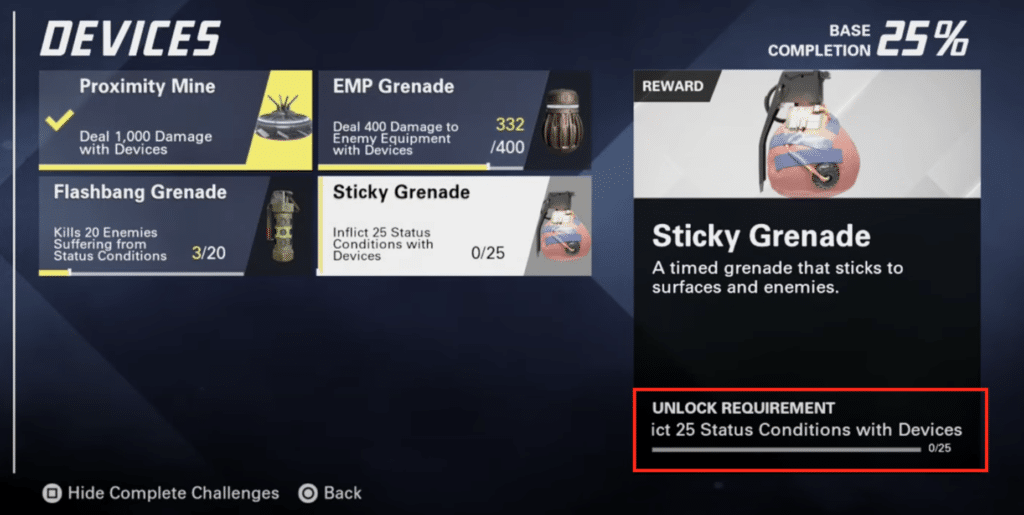 The Sticky Grenade Device and the unlock requirements to complete the challenge.