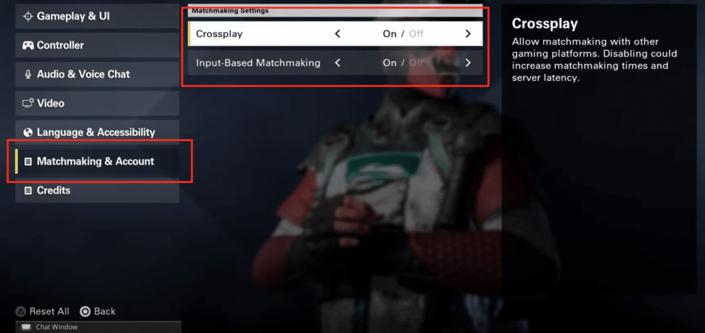 The Matchmaking & Account settings that can be found in the game's settings menu.