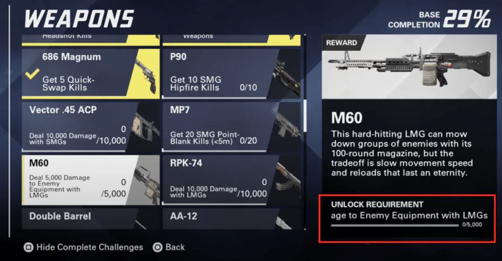 The unlock requirements for the M60 LMG.