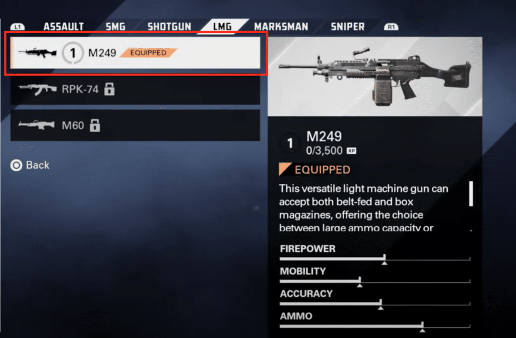 The M249 LMG in the weapon selection screen. It is the only LMG unlocked by default.