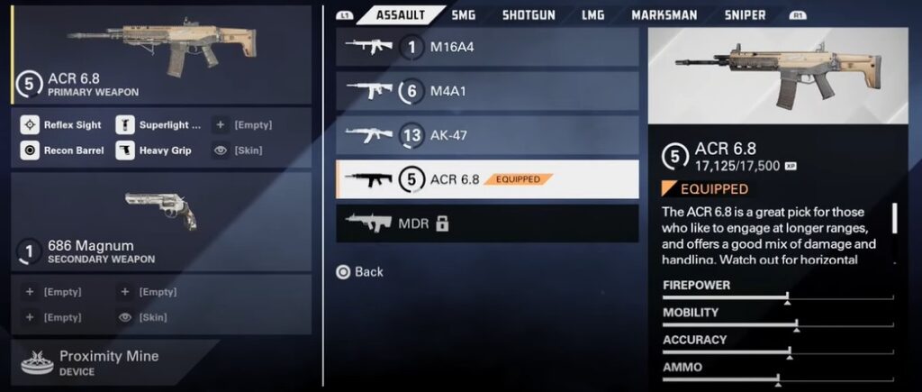 The XP level for the weapon and its overall stats and attachments equipped.