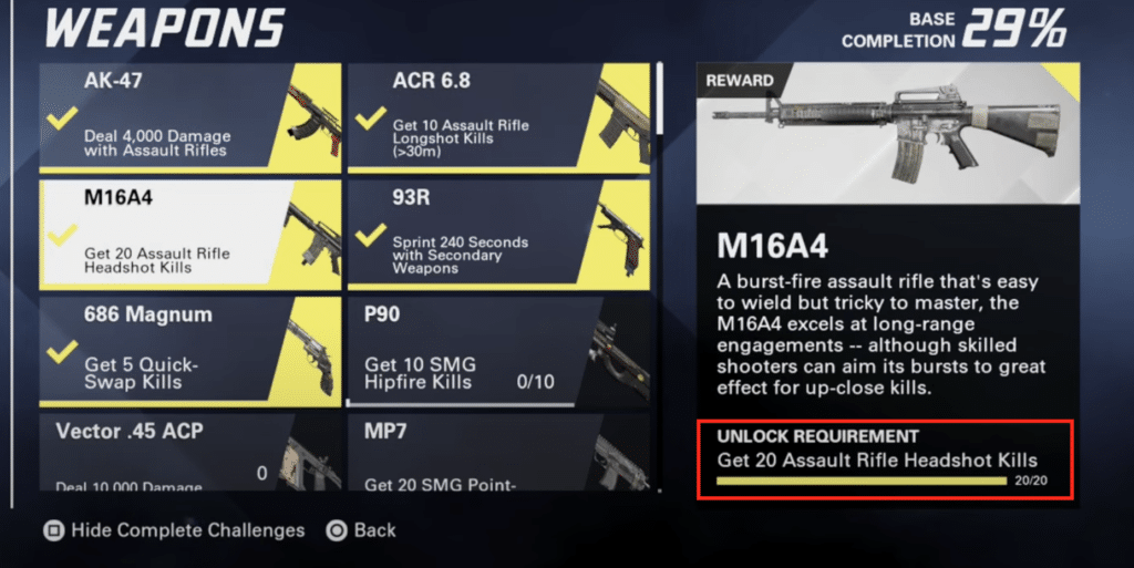 The unlock requirements for the M16A4 assault rifle. Can be found in the challenges menu.