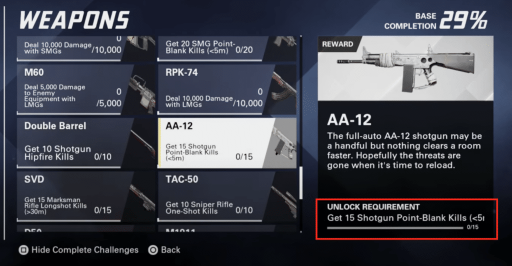 the unlock requirements for the AA-12 shotgun. Can be found in the challenges menu.