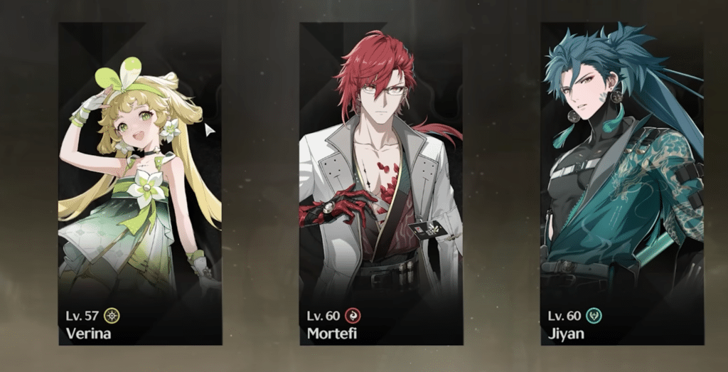 A team composition consisting of Verina, Mortefi and Jiyan.