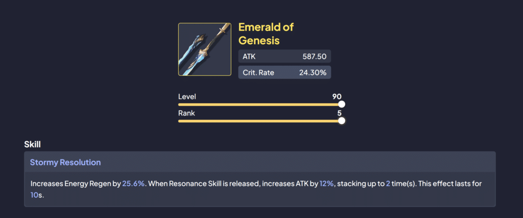 The Emerald of Genesis weapon stats and description.