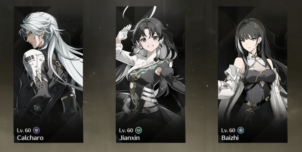An example team in Wuthering Waves consisting of Calcharo, Jianxin and Baizhi.