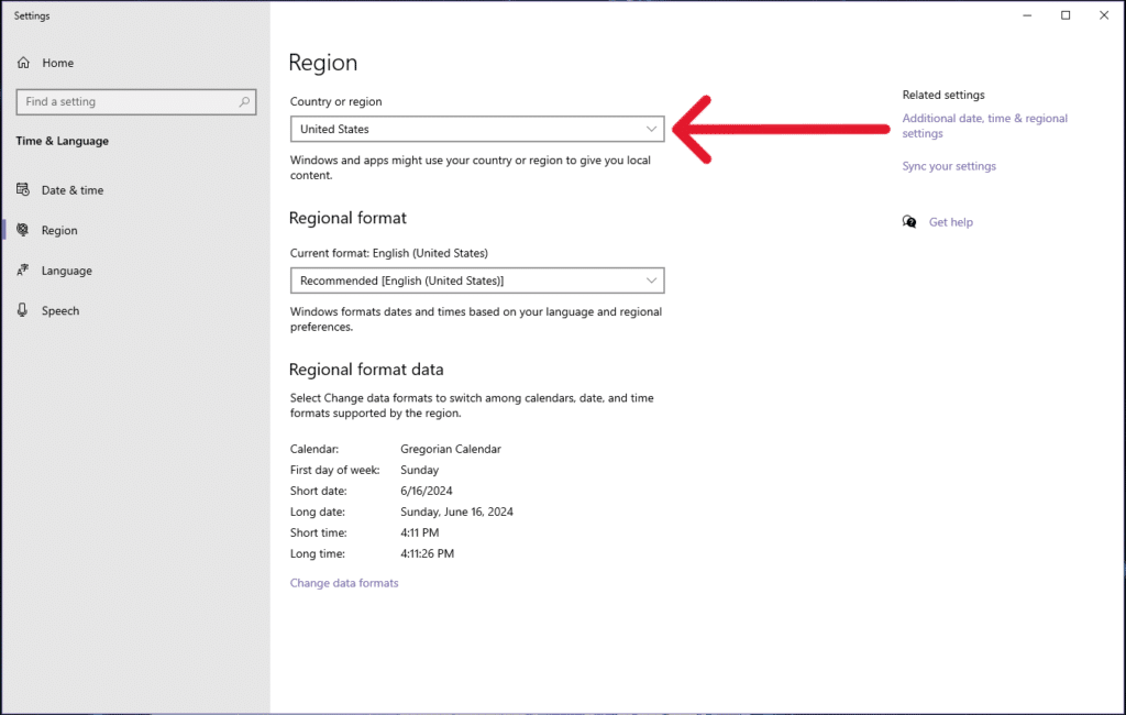 Change the "Country or region" option.