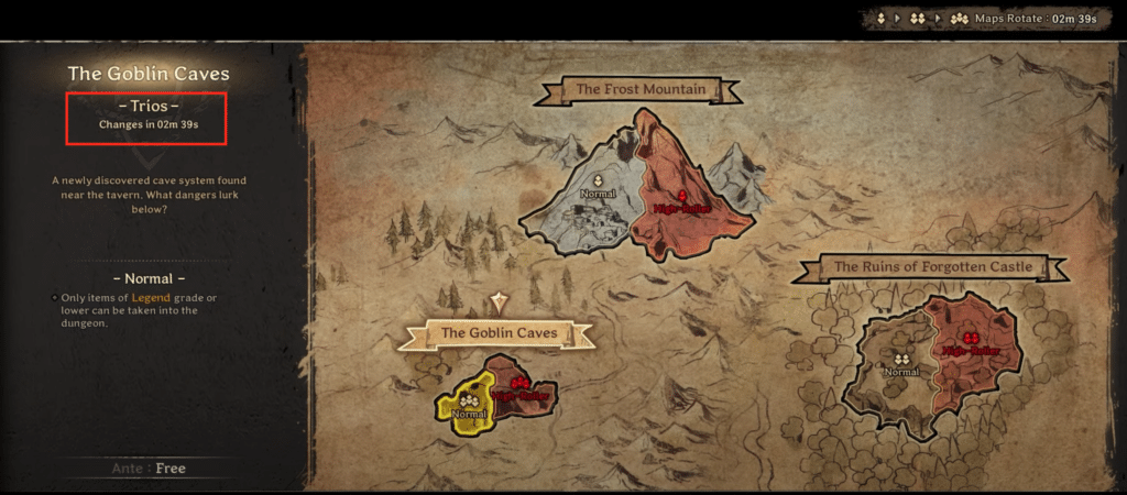 The 3 different maps that you can play in Dark and Darker. The highlighted part indicates the time it will take for the rotation to happen.