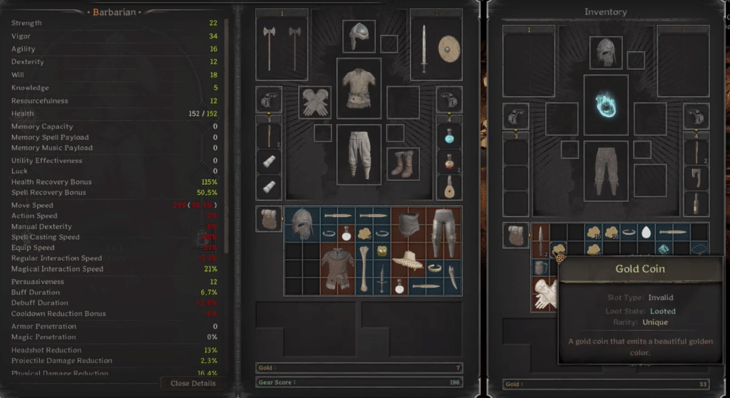 An image showcasing how each item in Dark and Darker takes up a different amount of space in your inventory.