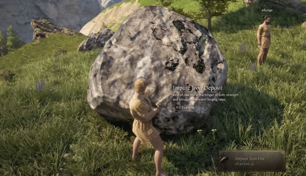 Mining Iron in Pax Dei using a pickaxe.