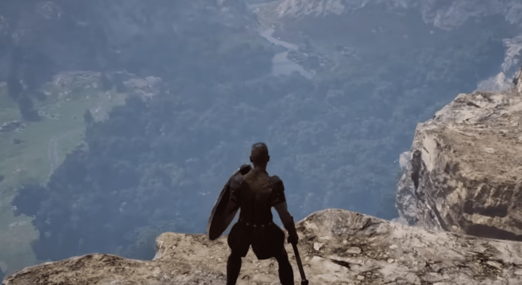 A character in Pax Dei with a shield in one hand and a weapon in the other.