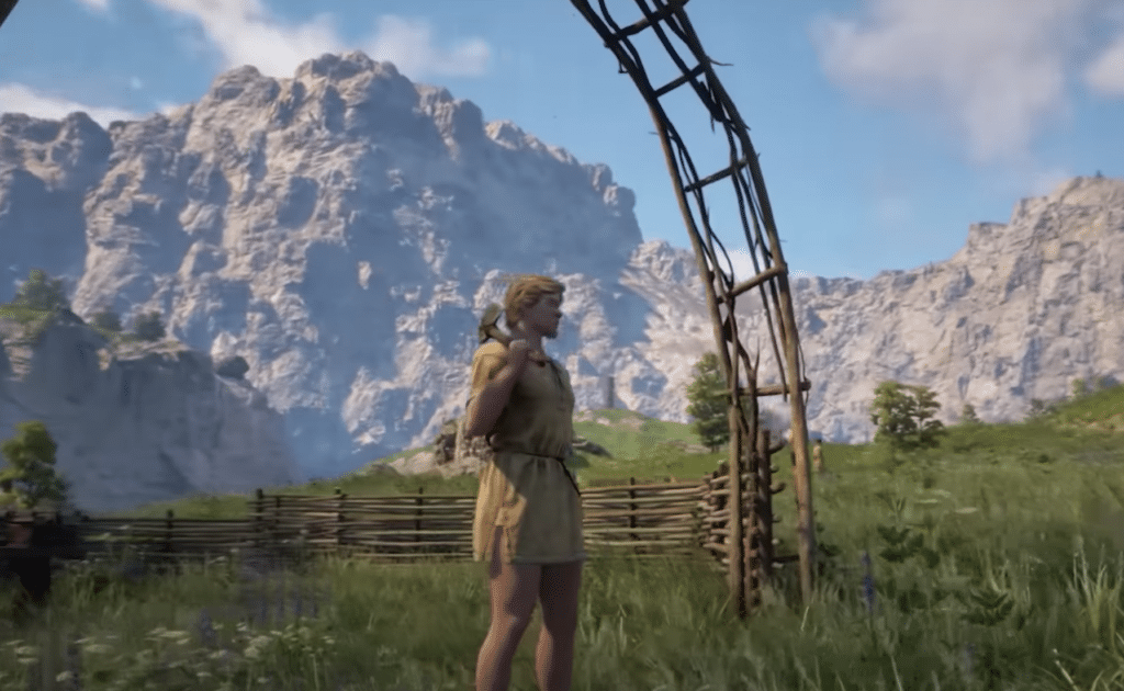 A base in Pax Dei with wooden structures all around.