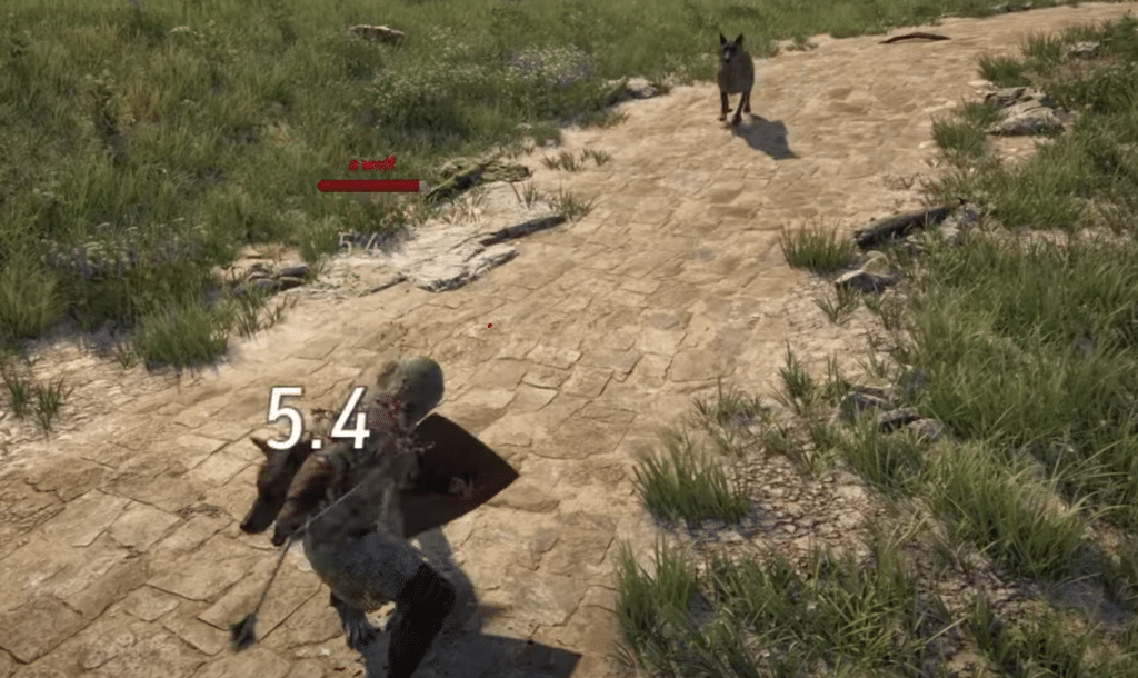 gameplay showcasing combat against a wolf.