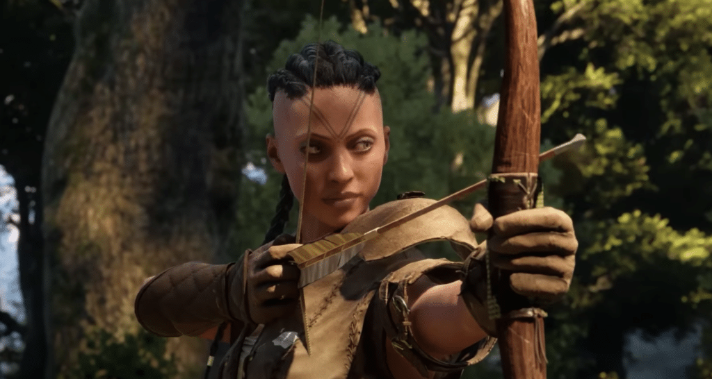 A trailer shot of archery in Pax Dei.