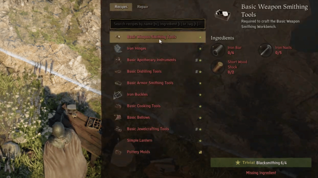 Recipe for basic weapon smithing tools.