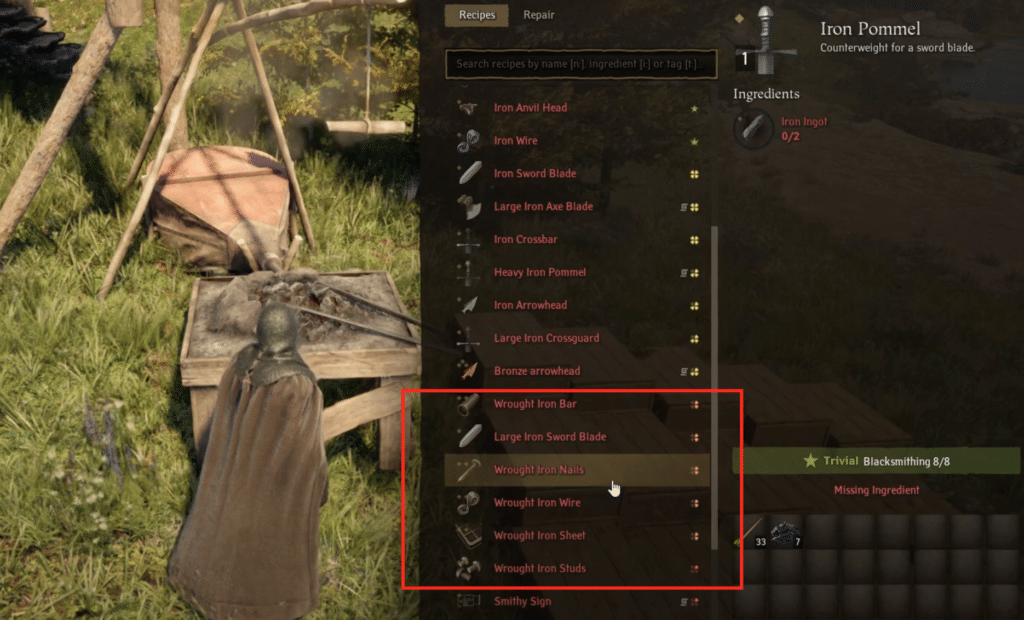 The various Wrought Iron components that you can craft through the Basic Forge